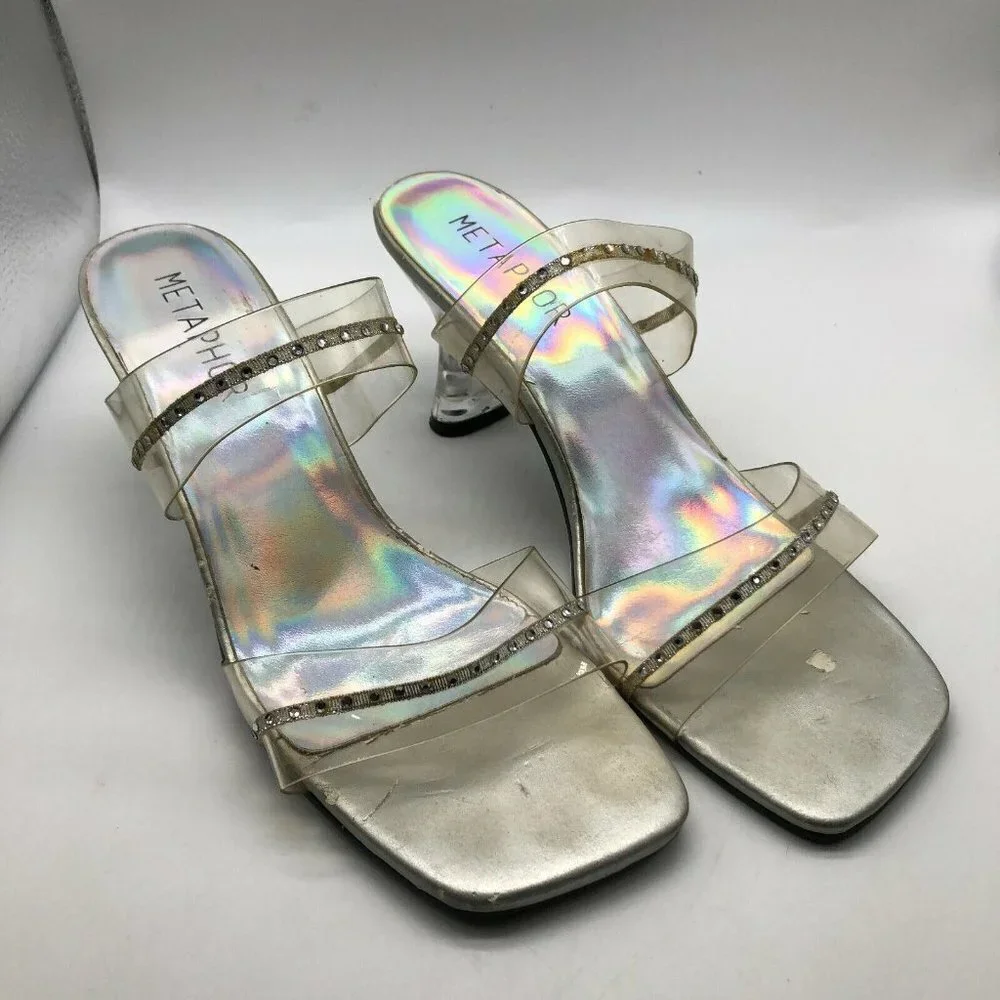 Metaphor Shoes Sz 8.5 Giselle 62121 Clear Plastic Rhinestones Square Open Toe